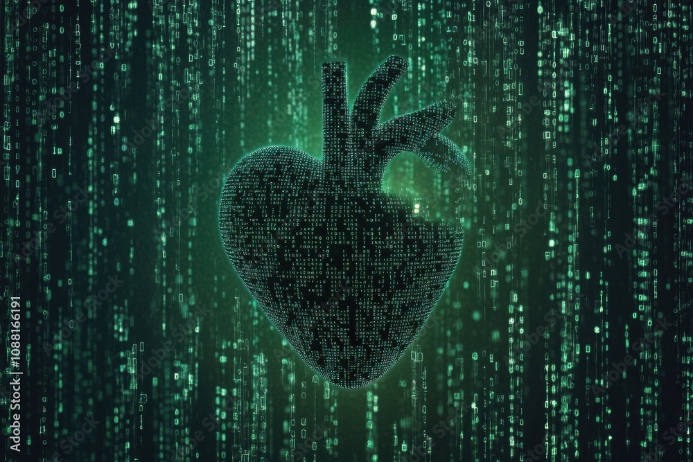 Poster A heart shape composed of binary code emerges from a cascade of green digital numbers, symbolizing the connection between technology and life. Generative AI