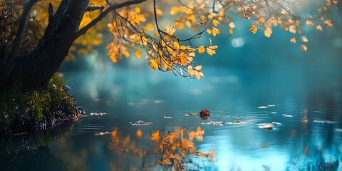 Autumn leaves over calm water. Tranquil autumn scene.