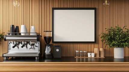 31.A blank frame mockup displayed in a modern coffee shop, placed above a sleek coffee machine on a wooden shelf. The minimalist design of the frame and the clean lines of the coffee machine create a