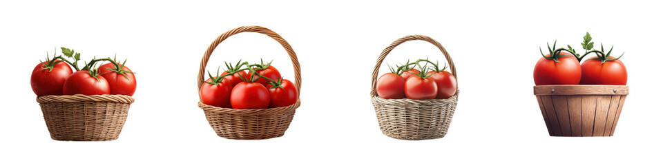 Tomato in a basket isolated on white background. Mix Collection Png.