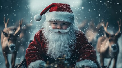 Adorable baby Santa Claus with a fluffy white beard sitting in a festive sleigh on runners, pulled by cute baby reindeers, surrounded by a cozy Christmas winter atmosphere with light snow.