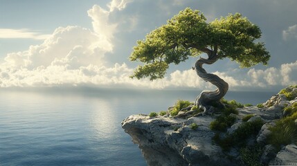 Serene bonsai tree on cliff overlooking tranquil ocean under a dramatic sky.