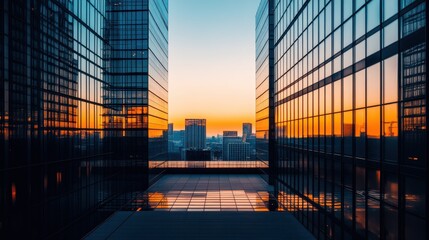 Modern cityscape with sunset reflections