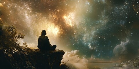 Silhouette Person Contemplating Starry Night Sky