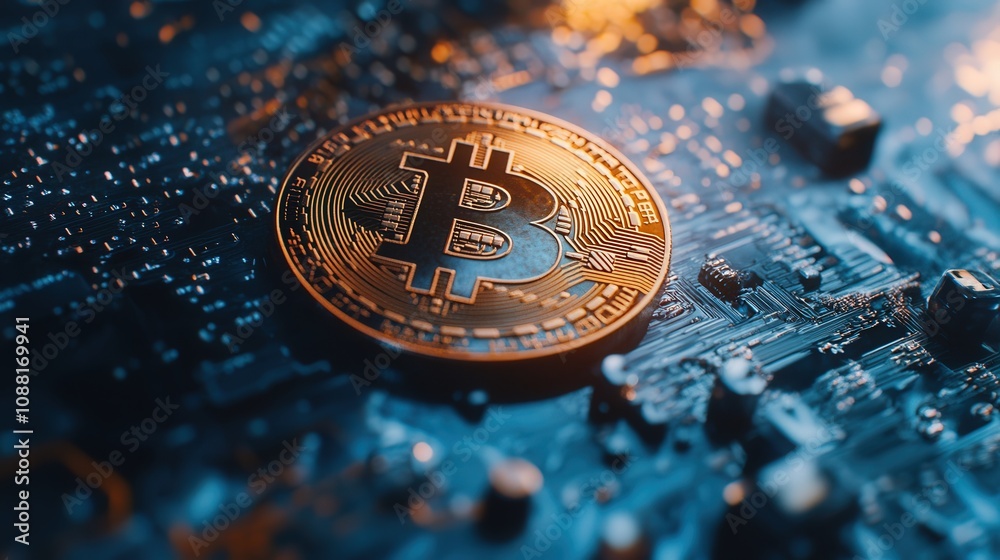 Poster a bitcoin coin on a blue background with binary code, symbolizing the secure, encrypted nature of bl