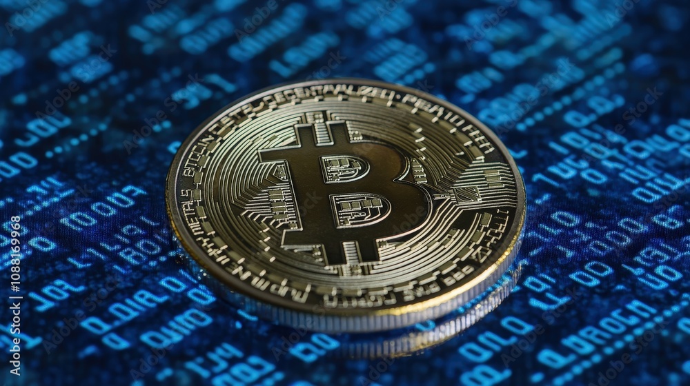 Poster a bitcoin coin on a blue background with binary code, symbolizing the secure, encrypted nature of bl
