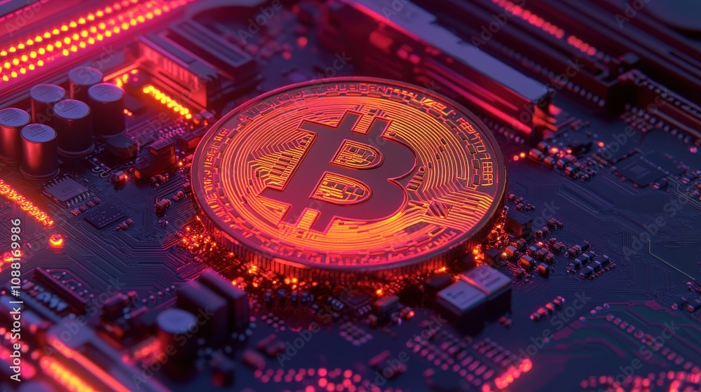 Poster a bitcoin coin on a motherboard background, symbolizing the connection between bitcoin and technolog