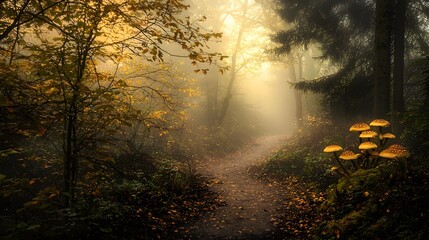 Fototapeta premium Glowing Mushrooms on Forest Path with Soft Fog and Gentle Morning Light