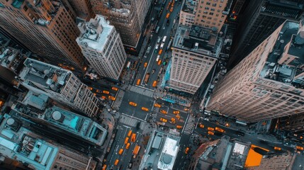 Aerial view of busy city intersection with yellow taxis