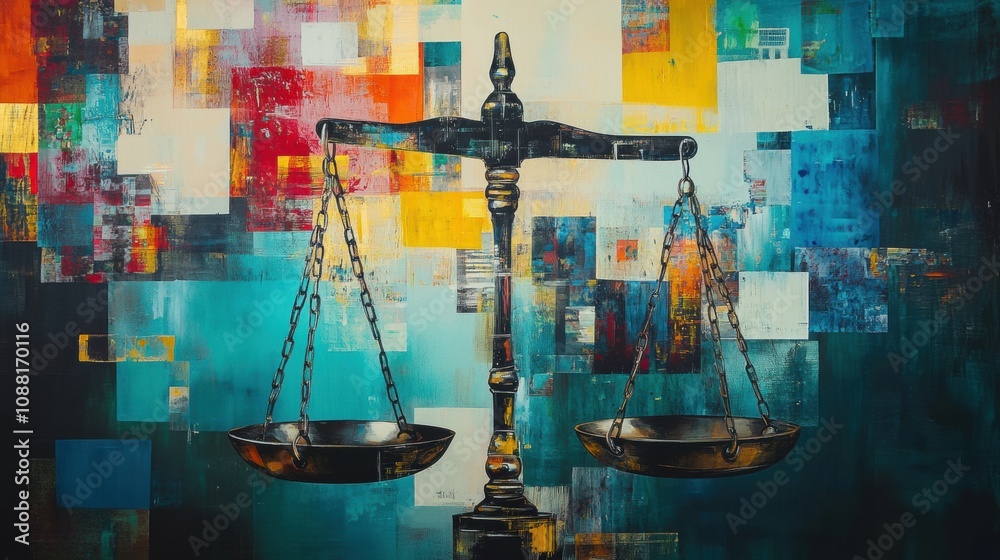 Poster A balanced set of justice scales stands prominently against a vibrant, abstract backdrop filled with colorful blocks. Generative AI