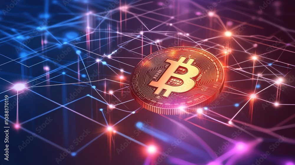 Poster a bitcoin symbol in the center of a data-filled network grid, representing the structure of blockcha