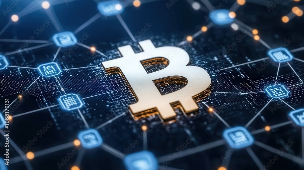 Poster a bitcoin symbol in the center of a data-filled network grid, representing the structure of blockcha