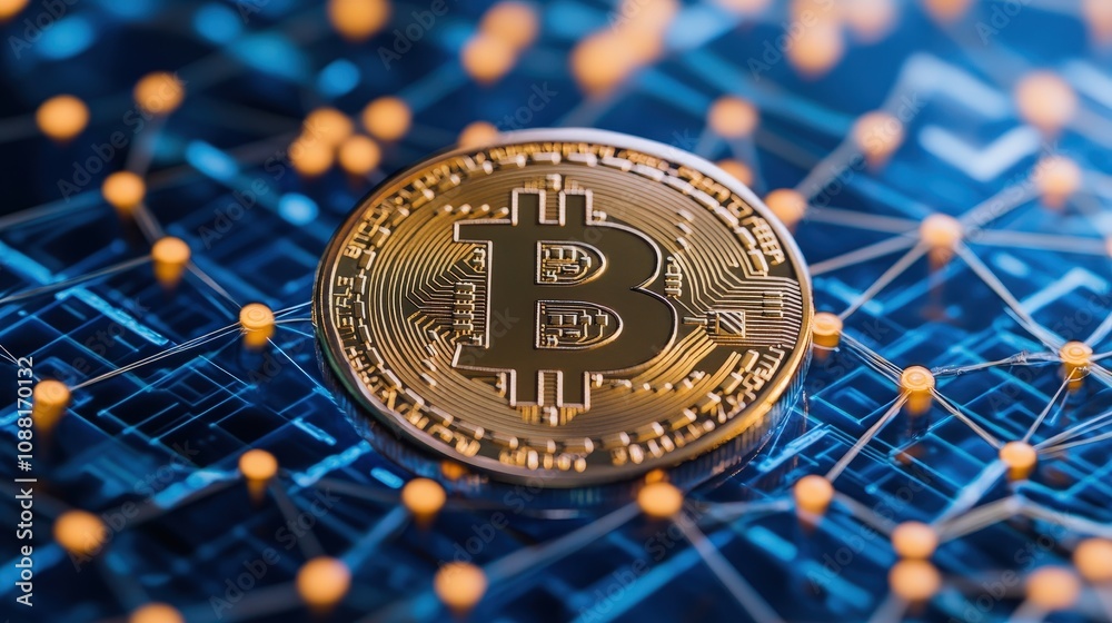 Poster a bitcoin symbol in the center of a data-filled network grid, representing the structure of blockcha