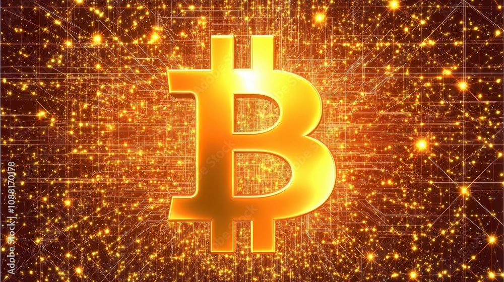 Poster a bitcoin symbol in the center of a data-filled network grid, representing the structure of blockcha