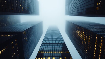 Foggy urban skyscrapers with illuminated windows