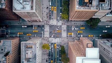 Intersection of urban streets with yellow cabs in motion