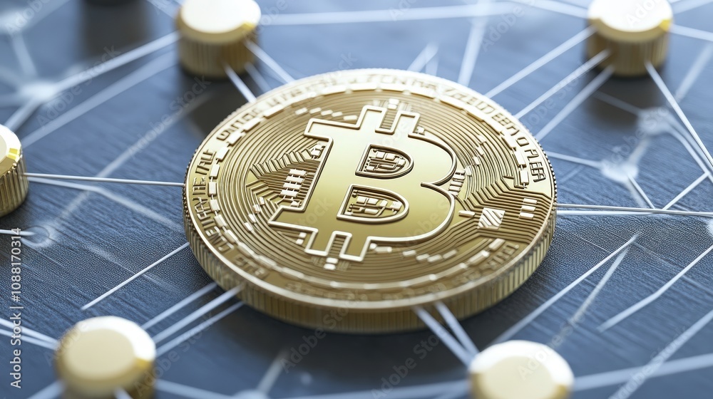 Poster a bitcoin symbol within a web of secure connections, illustrating the decentralization and security 