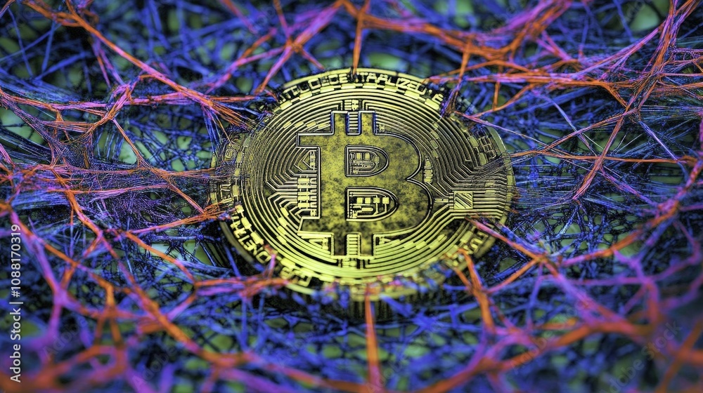 Poster a bitcoin symbol within a web of secure connections, illustrating the decentralization and security 