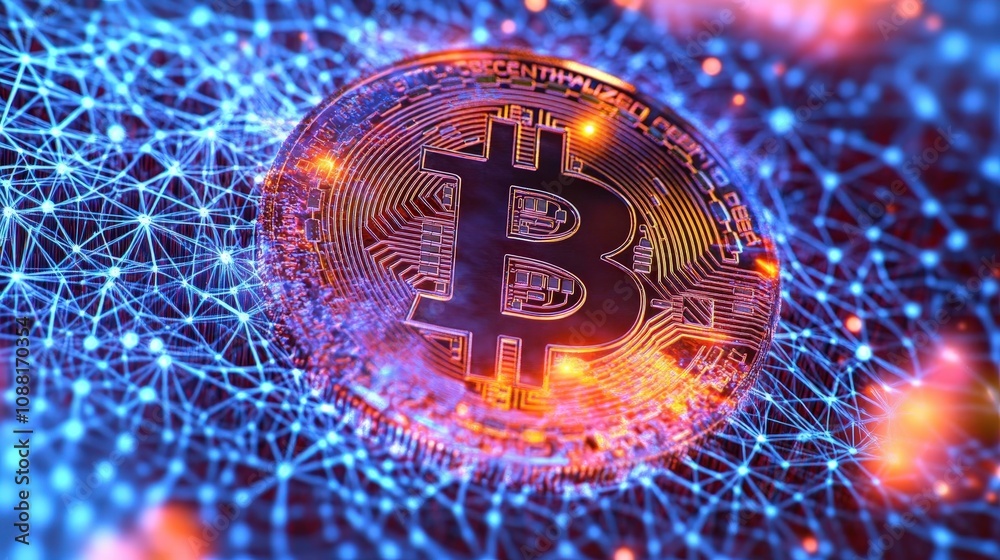 Aufkleber a bitcoin symbol within a web of secure connections, illustrating the decentralization and security 