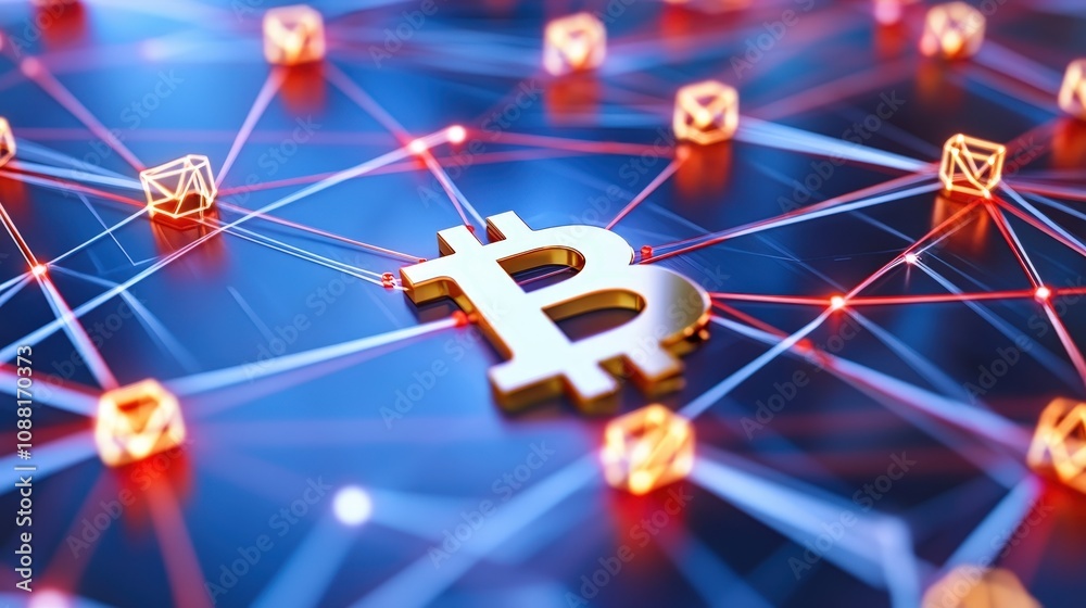 Poster a bitcoin symbol within a web of secure connections, illustrating the decentralization and security 