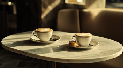 Fototapeta premium 60.A stylish cafe setup with two frothy lattes and a plate of freshly baked pastries on a clean, minimalist table. The warm tones of the drinks and food contrast with the sleek, urban dÃ©cor, creating