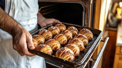 Baker in White Apron Pulling Croissants from Oven