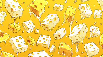 Fun Playful Cheese Pattern Featuring Bite-Sized Cubes in Cartoon Style.