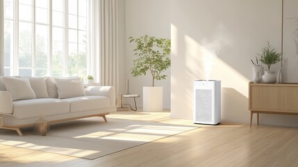 A bright, minimalist living room with wooden floors and an air purifier in the corner, enhancing the air quality in the clean, open space filled with natural light