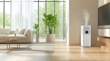 A bright, minimalist living room with wooden floors and an air purifier in the corner, enhancing the air quality in the clean, open space filled with natural light