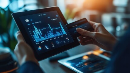 A business person holding a credit card close to a tablet, displaying a financial graph.