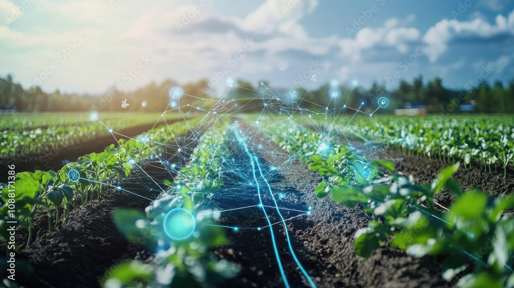 Poster A high-tech AI-powered smart irrigation system for precision agriculture, clean farm field with advanced sensors and automated watering mechanisms, Agriculture style