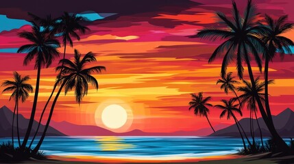 A captivating summer sunset over a beach with tall palm trees swaying gently in the breeze.