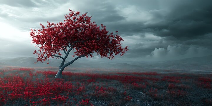Lonely Red Tree in Foggy Field