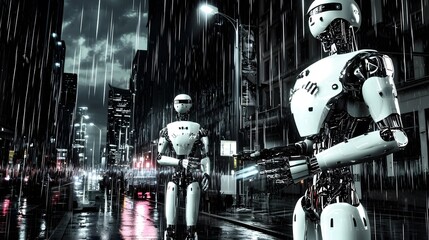 Gritty Urban Scene of Robots Monitoring City Streets Under Dark Skies