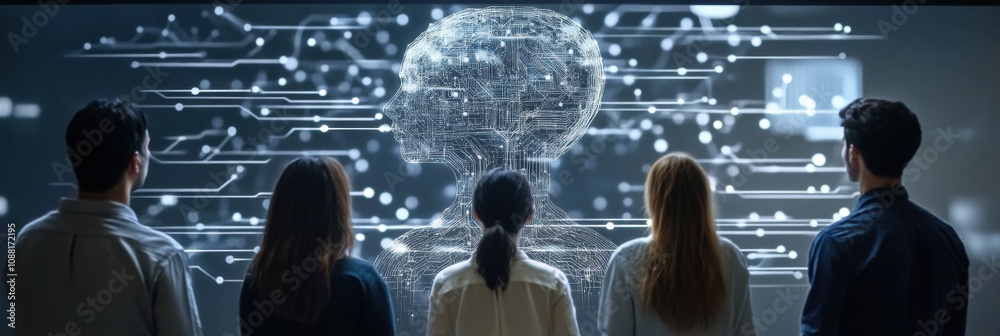 Aufkleber A diverse group of people stands together, engrossed in an abstract representation of an artificial intelligence system during a tech event. Generative AI