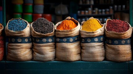 Fototapeta premium Vibrant Spice Stall Overflowing with Aromatic Ingredients in Lively Marrakech Marketplace