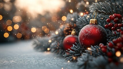Festive decorations with red ornaments and pine branches.