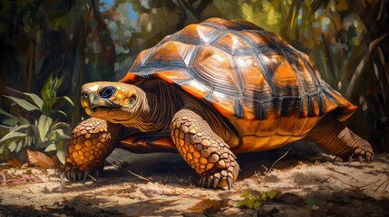 Obraz premium A colorful tortoise slowly making its way across a sunlit garden.