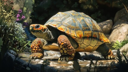 Obraz premium A colorful tortoise slowly making its way across a sunlit garden.