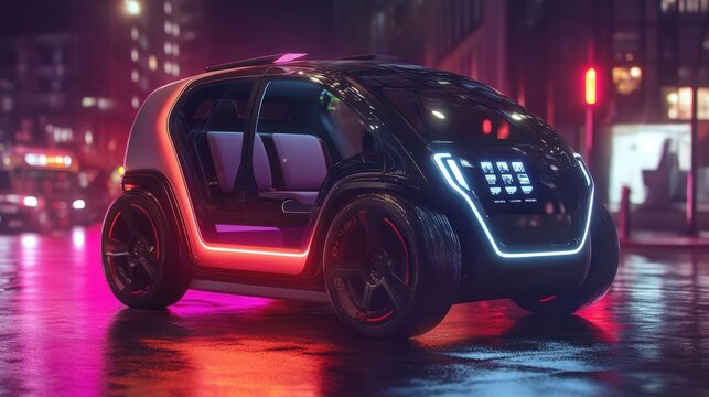 A compact, water-powered electric hybrid with neon accents, digital display of water fuel levels, and smart parking tech, ideal for eco-conscious urban dwellers