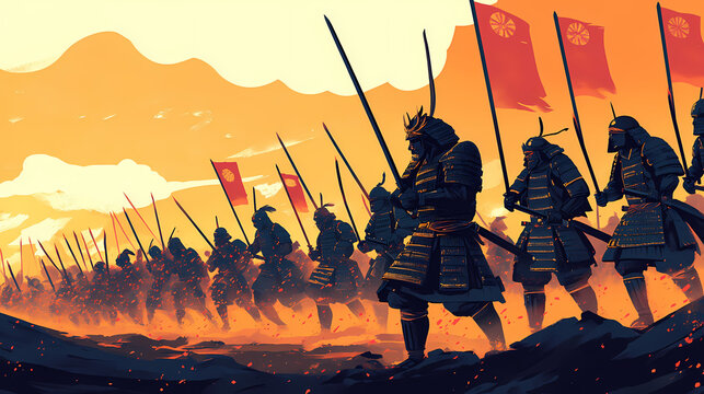 Samurai general leading his army in battle, shown in a dynamic vector illustration Ancient Samurai Battle. Illustration
