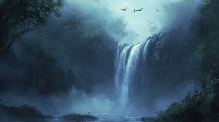 Fototapeta premium Serene Waterfall Surrounded by Lush Greenery and Misty Atmosphere, Evoking a Sense of Tranquility and Natural Beauty in a Peaceful Forest Setting