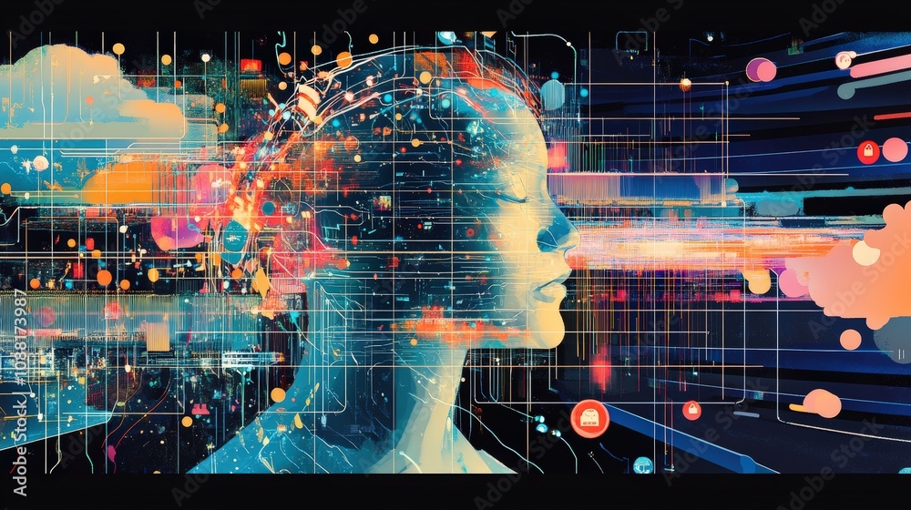 Aufkleber A conceptual view of AI creation as data flows through complex layers, evolving from raw input to smart, predictive outcomes