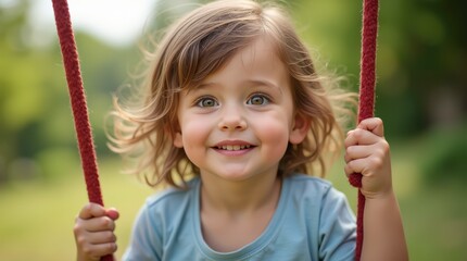 Child Enjoying a Summer Day Swinging and Smiling in a Green Park. Generative AI