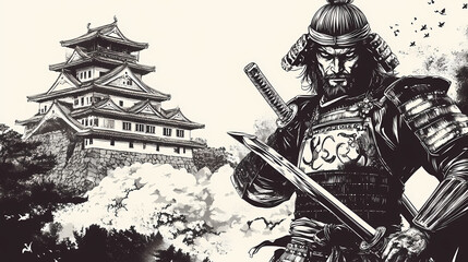 Naklejka premium Noble samurai warrior holding sword with osaka castle in background. Ancient Samurai Battle. Illustration