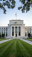 Marriner S Eccles Federal Reserve Board Building With Manicured Lawn and Clear Sky at Dusk. Generative AI