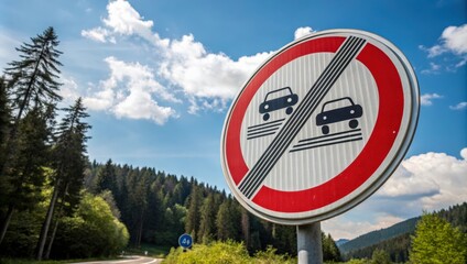 End of No Overtaking Zone Road Sign in Forested Area Under Clear Blue Sky. Generative AI