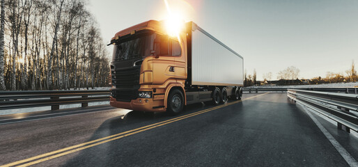 Golden Truck on Winter Road, 3D Rendering Illustration.. © phaisarnwong2517
