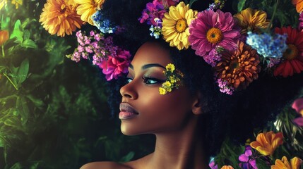 Black Woman Gracefully Posed Among Vibrant Flowers With a Floral Hairstyle. Generative AI