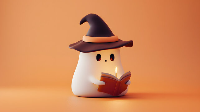 Character cute ghost wearing a hat reading spell book 3D